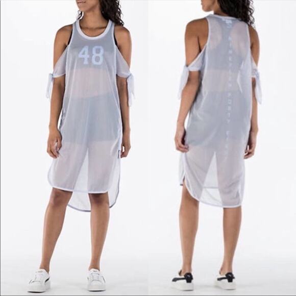 PUMA Lilac Xtreme Mesh Frill Dress SMALL Mesh Tunic Oversize Streetwear Sheer - Picture 2 of 6